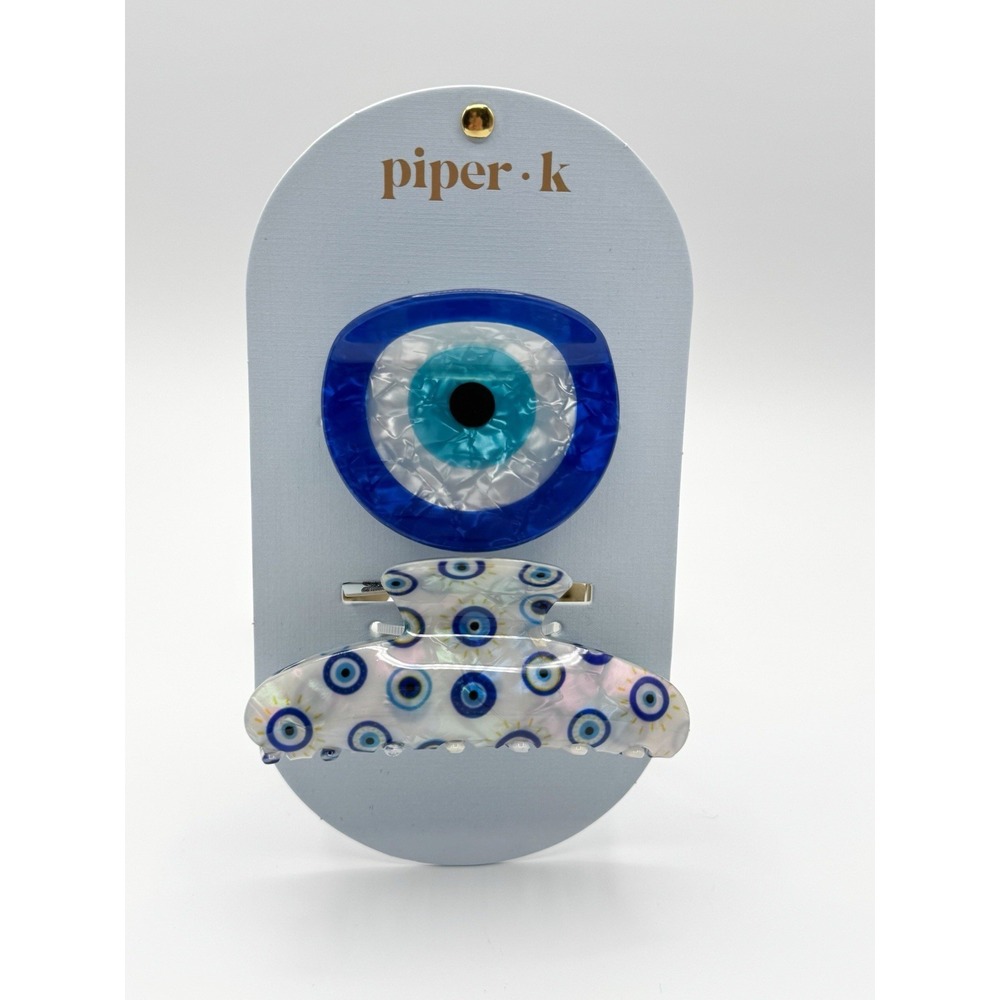 Piper K Evil Eye Hair Claw Clip Set Blue White Iridescent Acetate 2 Piece NEW